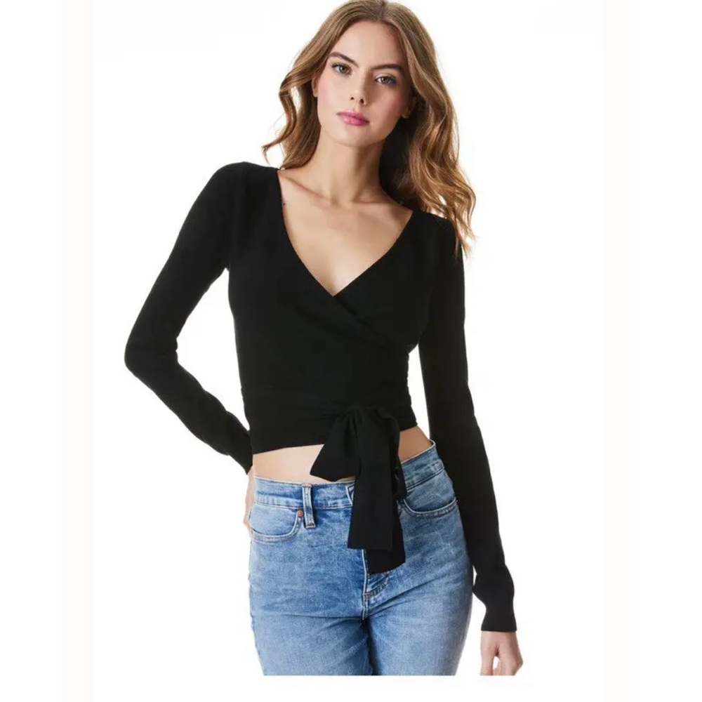 Alice + Olivia Antonia Ballerina Wrap Tie Black Sweater - Medium